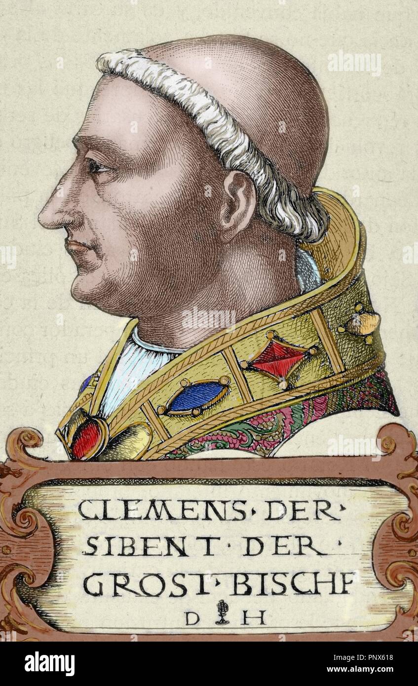 Clement VII (1478-1534), Giulio di Giuliano de Medici Kardinal von 1513 geboren bis 1523 und Papst von 1523 bis 1534. Dank seiner Schirmherrschaft Michelangelo die Gemälde des Jüngsten Gerichts in der Sixtinischen Kapelle. Gravur von R.Cremer. Gefärbt. Stockfoto