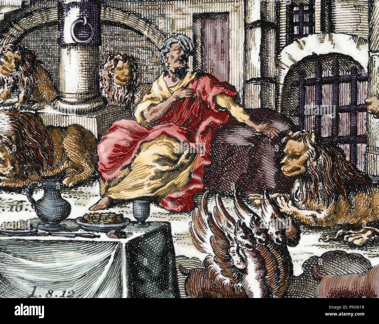 Daniel in der Löwengrube. Farbige Gravur. Stockfoto