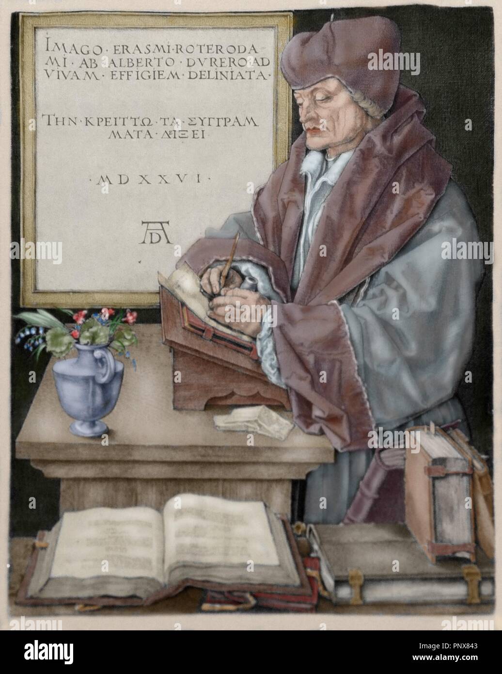 Erasmus von Rotterdam (1466-1536). Niederländischer Humanist. Stichel, die Kupferstich von Albrecht Dürer (1471-1528), 1526. Farbige. Stockfoto