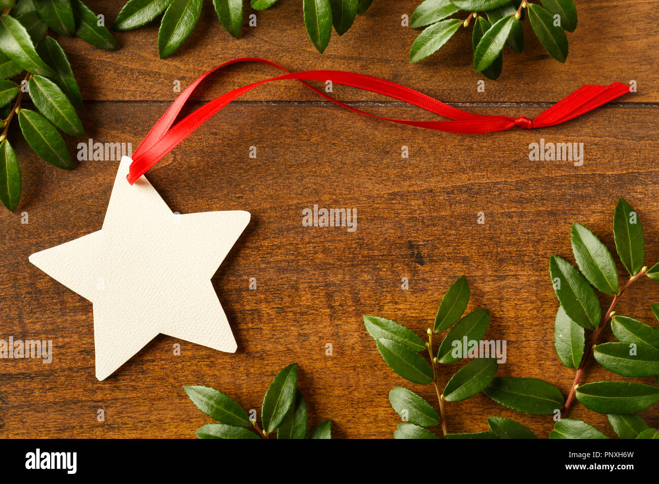 Sternförmige leer Weihnachtsgeschenk tag mit roter Schleife auf rustikalen Holz Hintergrund mit natürlichen Evergreen Dekorationen. Einfache urlaub Papier basteln. Stockfoto