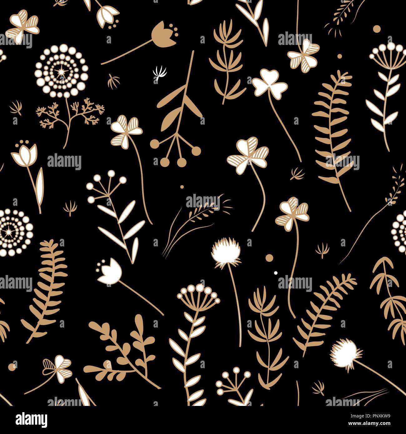 Nahtlose florales Muster mit Doodle Blätter und Kräuter. Vector Illustration. Gold wiese Pflanzen Silhouetten auf weißem Hintergrund Stock Vektor