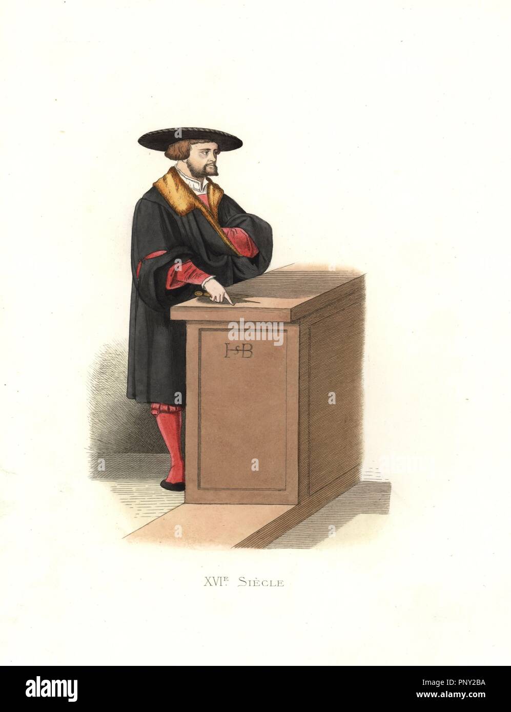 Hans Sebald Beham (1500-1550), deutscher Grafiker, Stecher, Malers und Miniaturisten. . Papierkörbe Abbildung von E.Lechevallier-Chevignard, Lithographiert von A. Didier, L., F. Flameng Laguillermie, von Georges Duplessis's 'Kostüme historiques des XVIe, XVIIe et XVIIIe siecles" (Historische Kostüme des 16., 17. und 18. Jahrhundert), Paris 1867. Das Buch war eine Fortsetzung der Reihe auf die Kostüme des 12. bis 15. Jahrhundert von Camille Bonnard und Paul Mercuri von 1830 veröffentlicht. Georges Duplessis (1834-1899) war Kurator der Drucke, die Abteilung an der Bibliotheque Nationale. Edmo Stockfoto