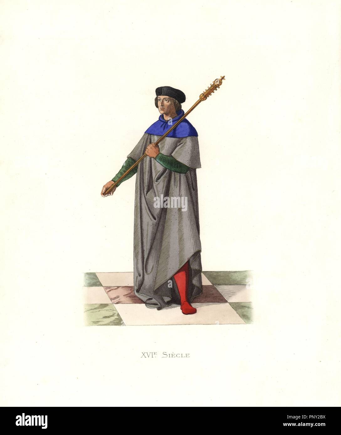 Mace-träger unter König Louis XII, 16. Jahrhundert, von einem zeitgenössischen Miniatur.. Papierkörbe Abbildung von E.Lechevallier-Chevignard, Lithographiert von A. Didier, L., F. Flamenq Laguillermie, von Georges Duplessis's 'Kostüme historiques des XVIe, XVIIe et XVIIIe siecles" (Historische Kostüme des 16., 17. und 18. Jahrhundert), Paris 1867. Das Buch war eine Fortsetzung der Reihe auf die Kostüme des 12. bis 15. Jahrhundert von Camille Bonnard und Paul Mercuri von 1830 veröffentlicht. Georges Duplessis (1834-1899) war Kurator der Drucke, die Abteilung an der Bibliotheque Nationale. Edmond Lech Stockfoto