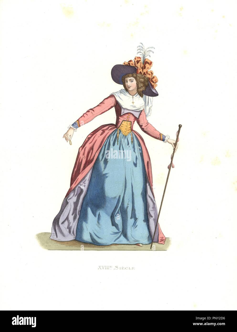 Modische Frau, Frankreich, 18. Papierkörbe Abbildung von E.Lechevallier-Chevignard, Lithographiert von A. Didier, L., F. Flameng Laguillermie, von Georges Duplessis's 'Kostüme historiques des XVIe, XVIIe et XVIIIe siecles" (Historische Kostüme des 16., 17. und 18. Jahrhundert), Paris 1867. Das Buch war eine Fortsetzung der Reihe auf die Kostüme des 12. bis 15. Jahrhundert von Camille Bonnard und Paul Mercuri von 1830 veröffentlicht. Georges Duplessis (1834-1899) war Kurator der Drucke, die Abteilung an der Bibliotheque Nationale. Edmond Lechevallier-Chevignard (1825-1902) war ein Stockfoto