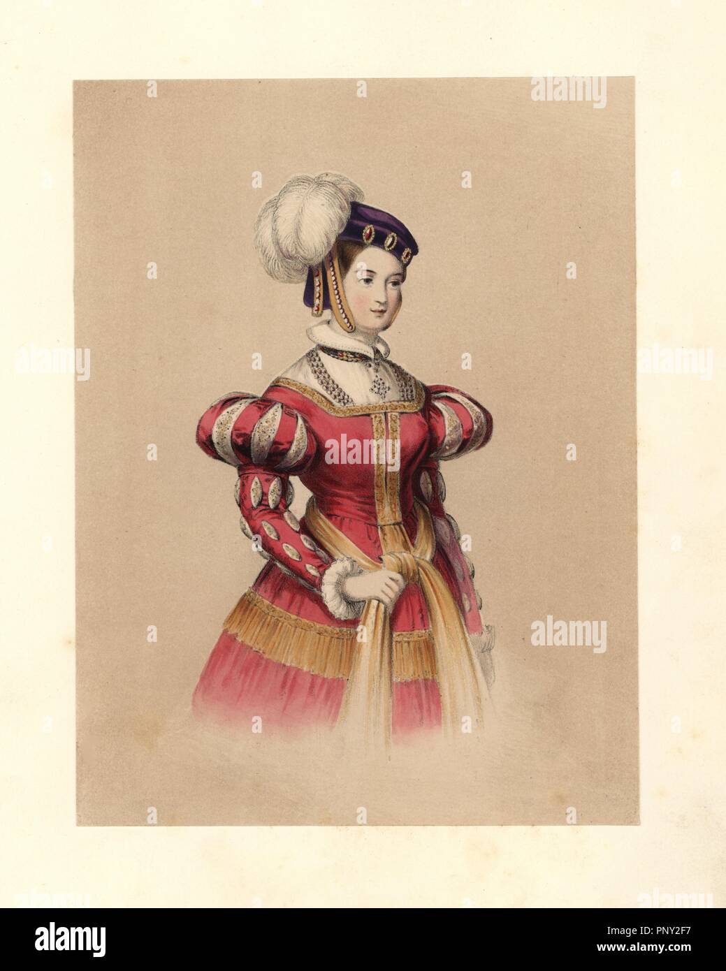 Kleid der Herrschaft von Heinrich VIII., 15091547. Sie trägt ein lila Hut  mit Juwelen und Federn geschmückt, ein rotes Kleid mit aufgeblasen und  geschlitzte Ärmel, spitzen Kragen und Ärmelabschluss. Basierend auf einem
