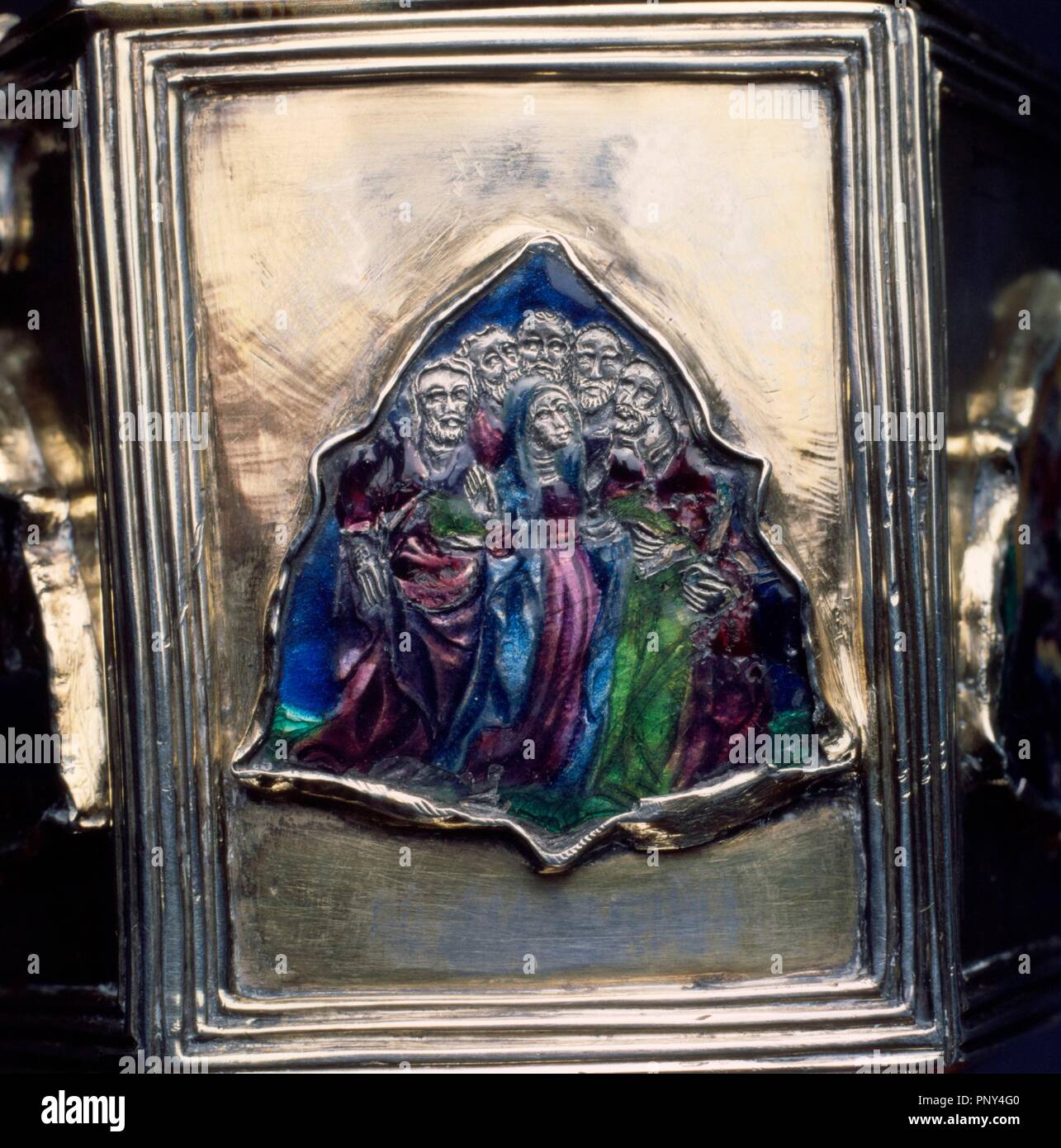 Ziborium mit Emaille Teller (Detail), aus dem 15. Jahrhundert. Stockfoto