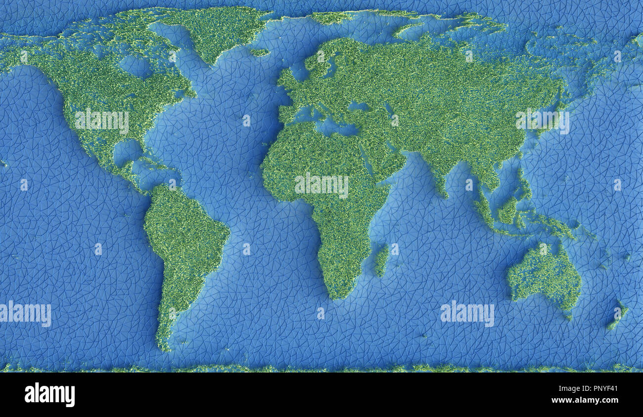 Karte des Planeten Erde durch grüne Gras und die Meere durch ein Netz von Verbindungen in blauer Farbe dargestellt. 3D-Darstellung. Stockfoto