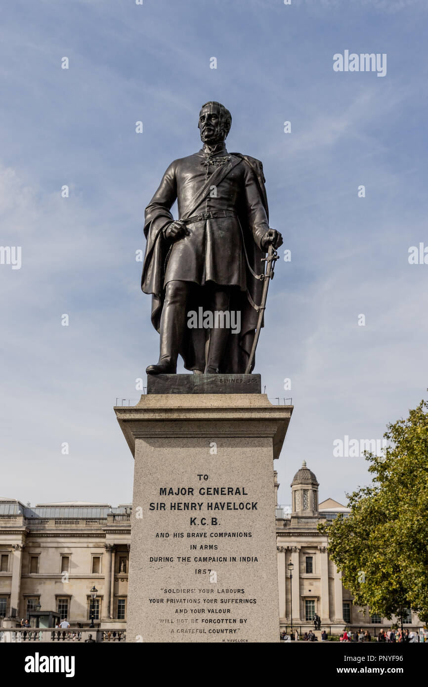 London. September 2018. Ein Blick auf die staue von Sir Henry havelock auf dem Trafalgar Square in London. Stockfoto