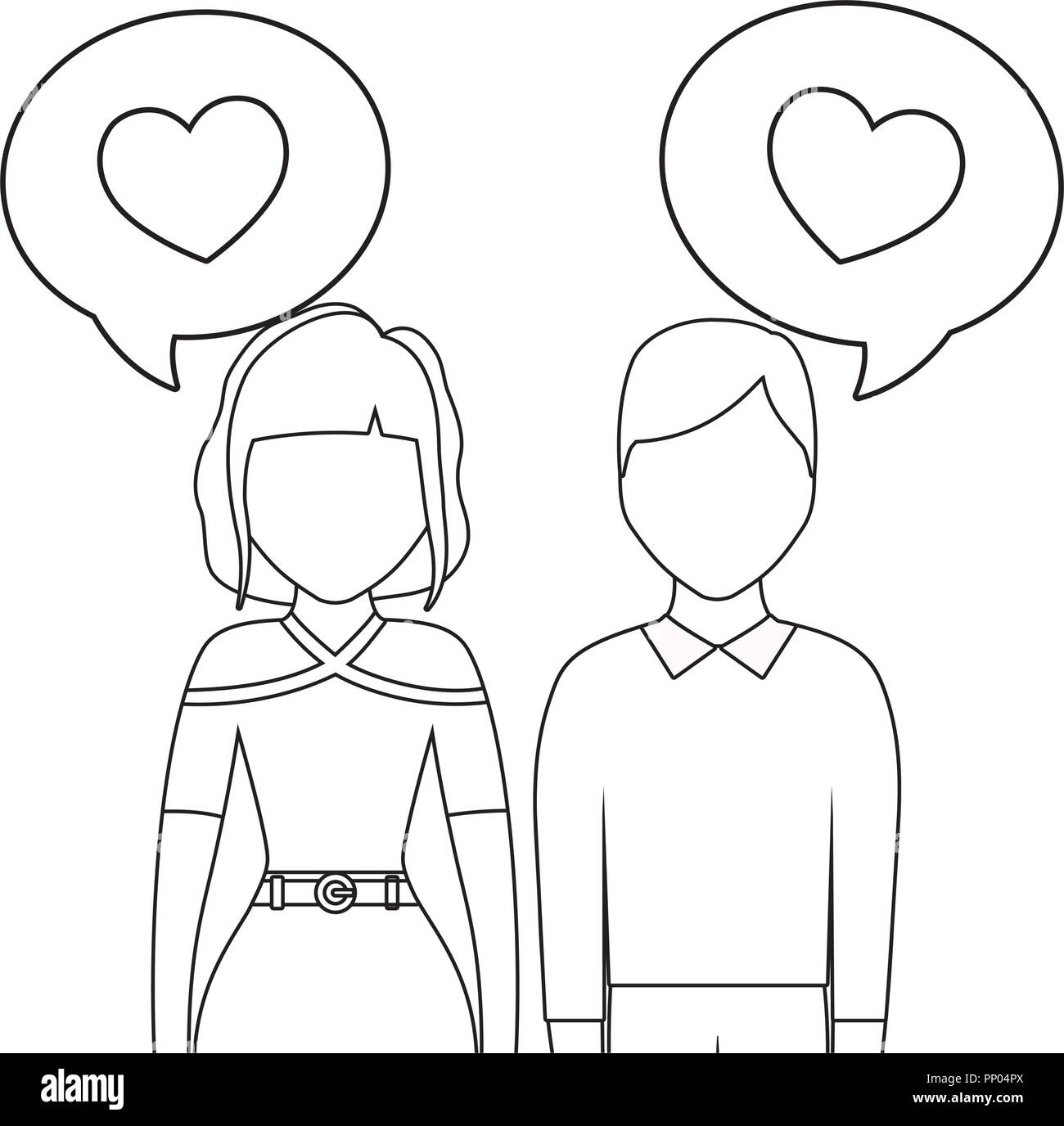 Paar in der Liebe mit Sprechblasen und Herzen auf weißem Hintergrund, Vector Illustration Stock Vektor