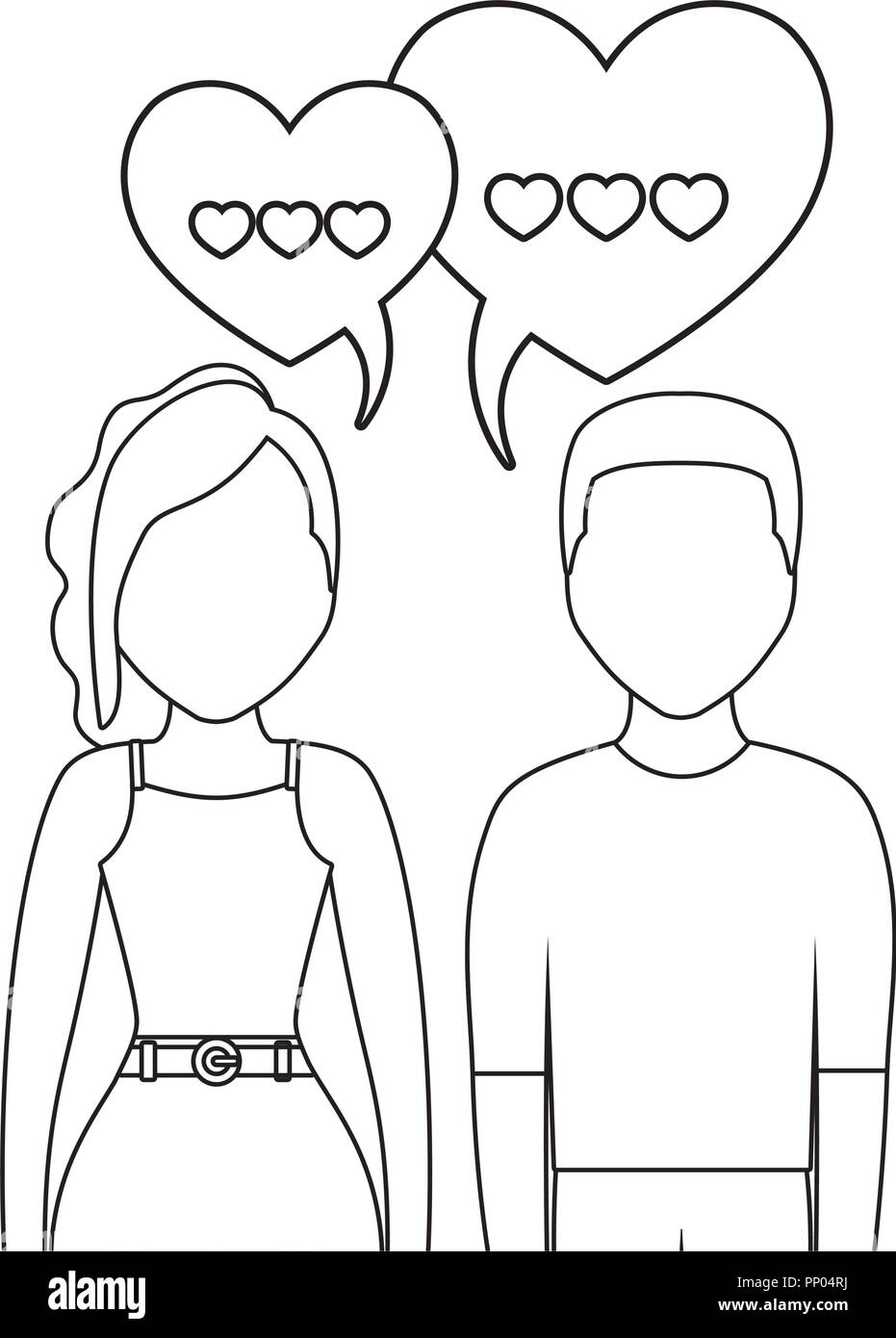 Paar in der Liebe mit Sprechblasen und Herzen auf weißem Hintergrund, Vector Illustration Stock Vektor