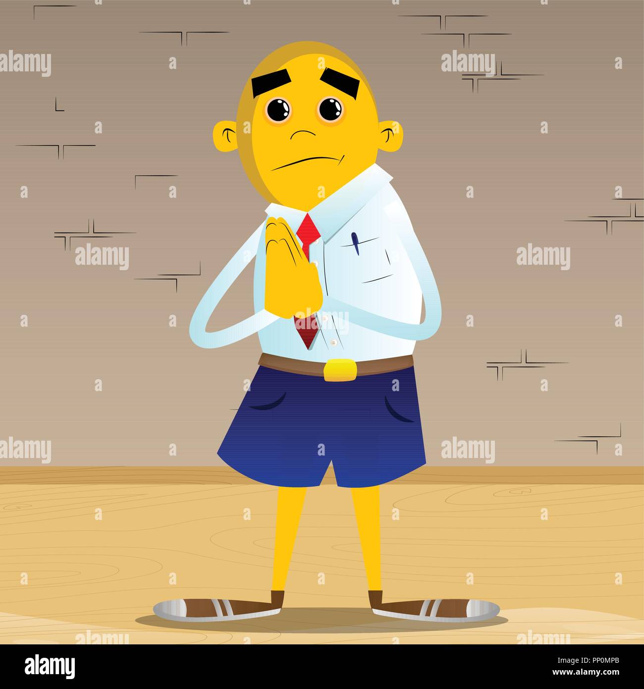 Gelbe Mann mit betenden Händen. Vektor Cartoon Illustration. Stock Vektor