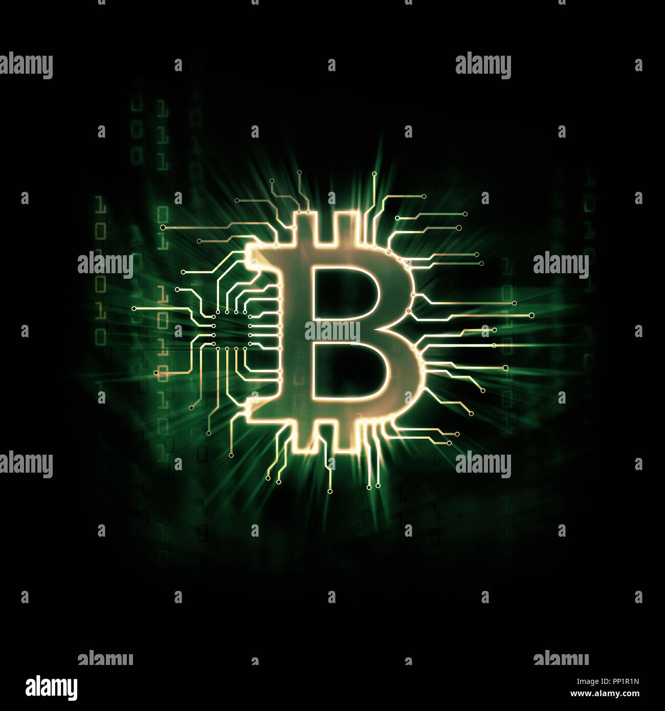 Leuchtenden grünen Bitcoin ₿ cryptocurrency, digitale dezentrale Währungssymbol, konzeptionelle Darstellung eines Bitcoin zu einem blockchain Netzwerk verbunden Stockfoto