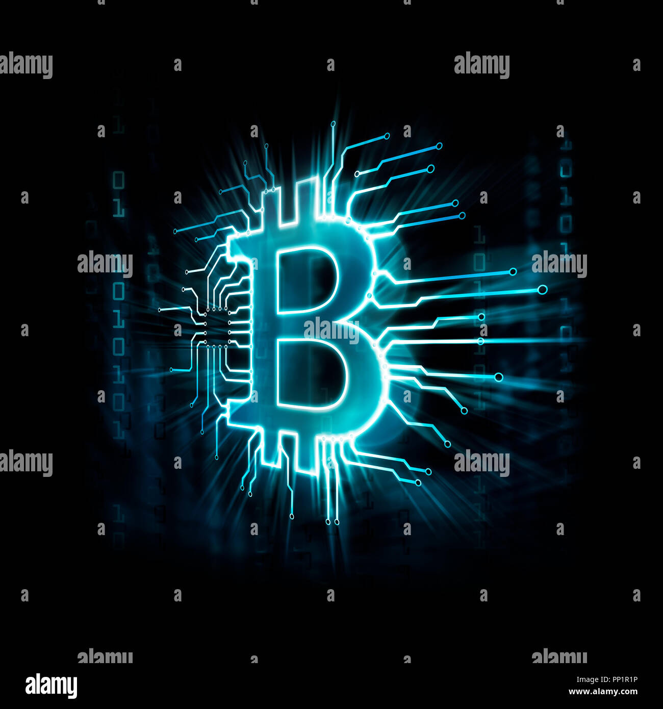 Leuchtende blaue Bitcoin ₿ cryptocurrency, digitale dezentrale Währungssymbol, konzeptionelle Darstellung eines bitcoin Logo zu einem blockchain Netw angeschlossen Stockfoto