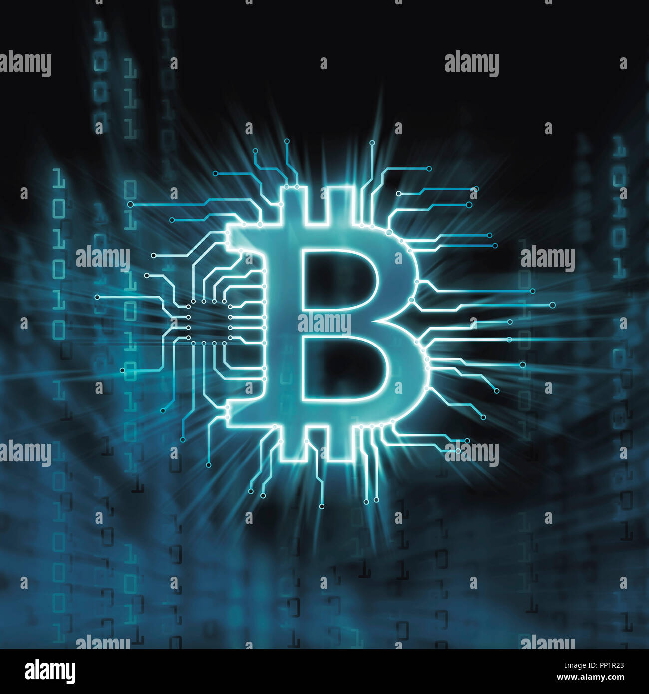 Bitcoin ₿ cryptocurrency, digitale dezentrale Währungssymbol, konzeptionelle Darstellung eines Bitcoin zu einem blockchain Netzwerk verbunden. Stockfoto