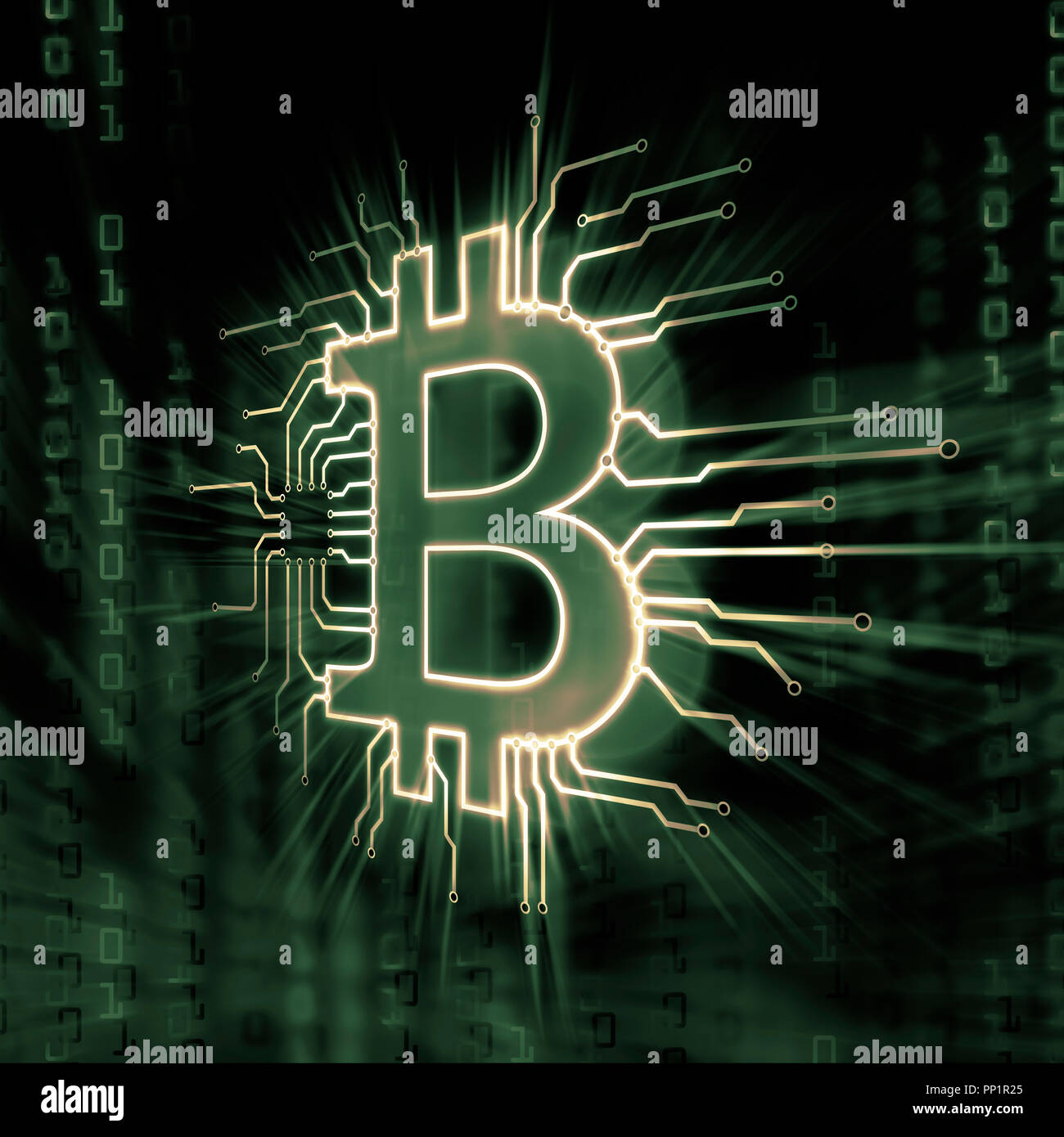 Bitcoin ₿ cryptocurrency, digitale dezentrale Währungssymbol, konzeptionelle Darstellung eines bitcoin Logo zu einem blockchain Netzwerk bit verbunden Matri Stockfoto