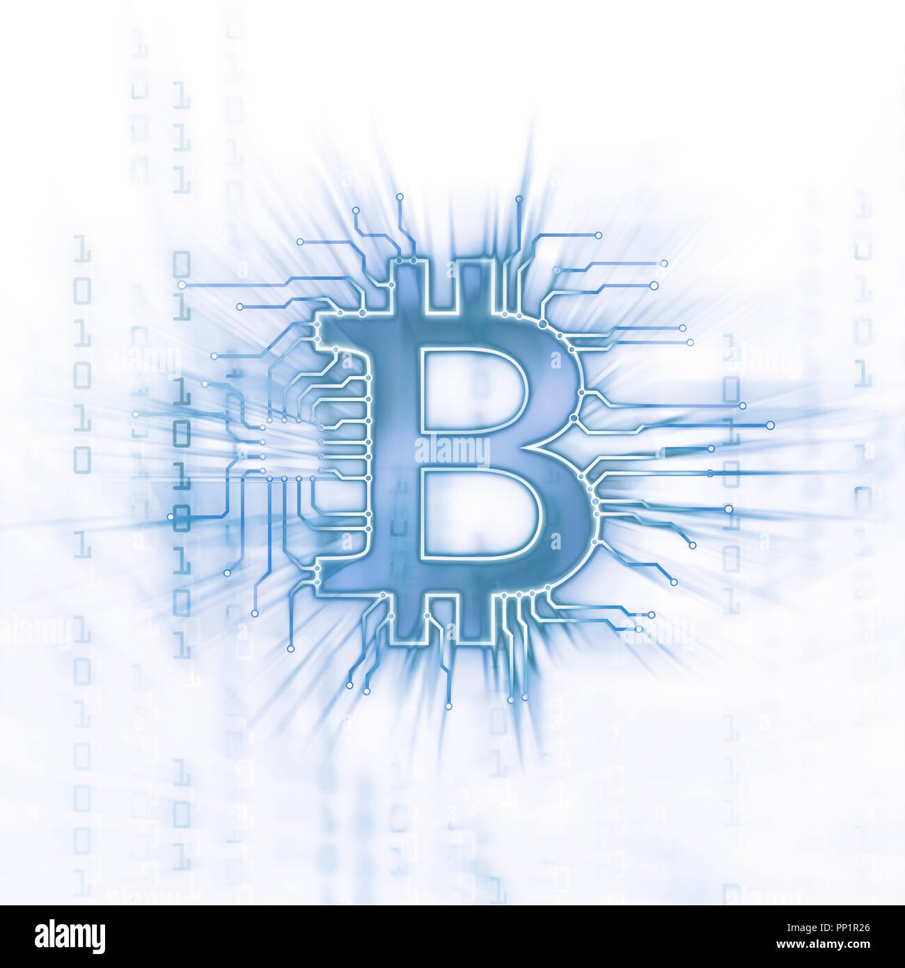 Bitcoin ₿ cryptocurrency, digitale dezentrale Währungssymbol Prinzipdarstellung, bitcoin Logo zu einem blockchain Netzwerk verbunden. Blau auf Weiß Stockfoto
