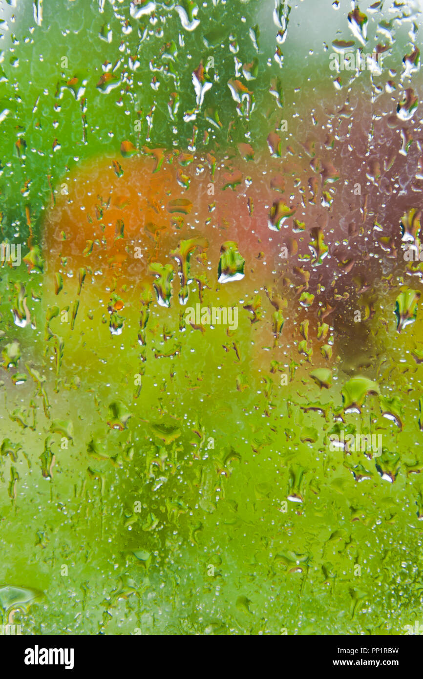 Blick auf einen außen Schwingen durch ein Fenster mit Regentropfen an einem Sommertag abgedeckt. Stockfoto