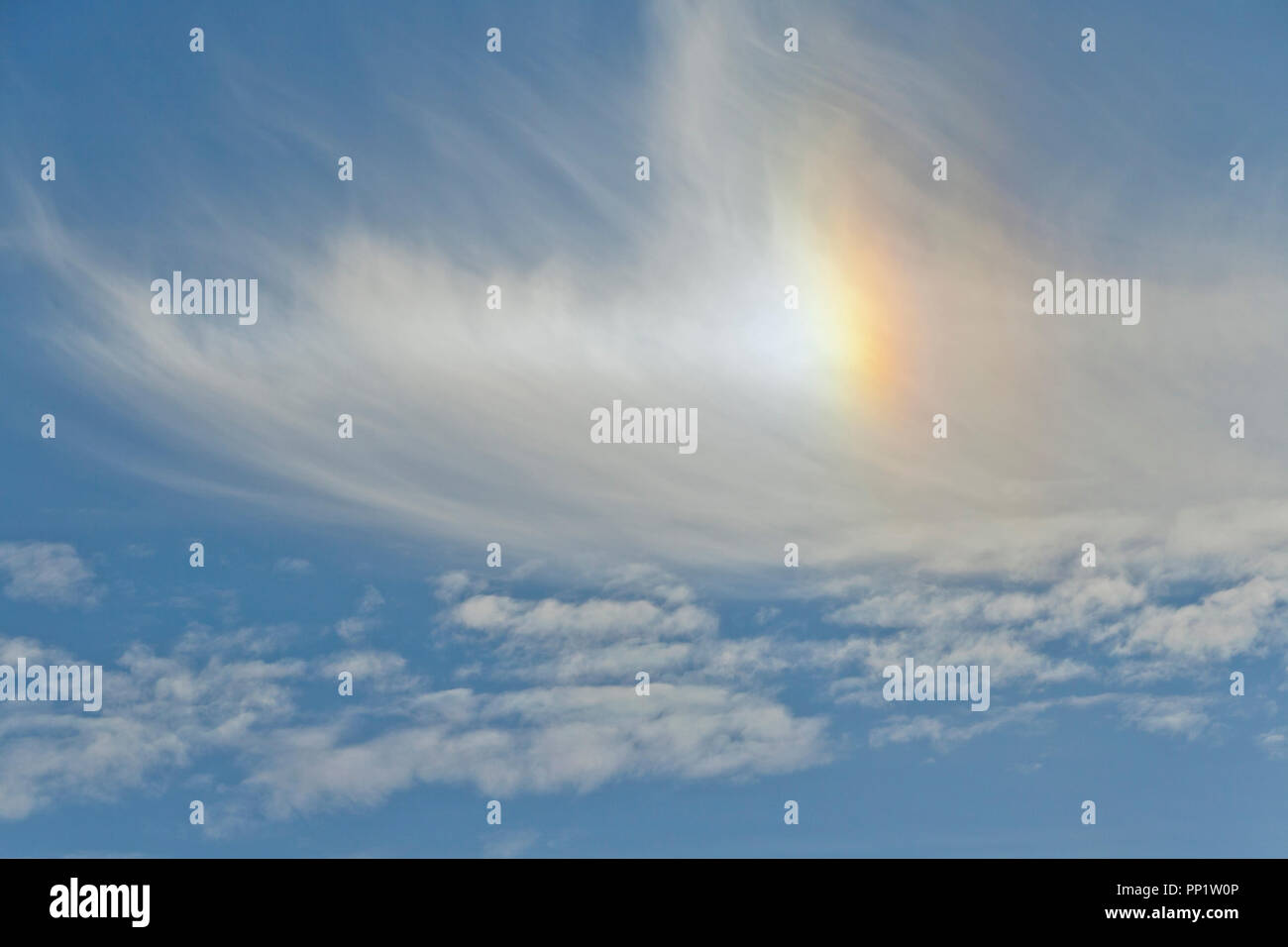 Feder-wie Cirrus Wolken brechende Sonnenlicht zu einer nebensonne gegen ein indigo Hintergrund Ende Dezember erstellen. Stockfoto