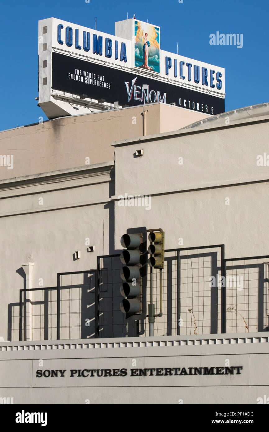 Ein logo Zeichen außerhalb des Hauptquartiers von Sony Pictures Entertainment in Culver City, Kalifornien am 15. September 2018. Stockfoto