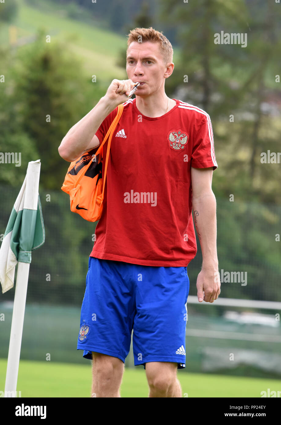 Neustift, Tirol, Österreich - Mai 22., 2018. Russische Fußballspieler Andrey Semenov während der Trainingslager in Neustift, Österreich. Stockfoto