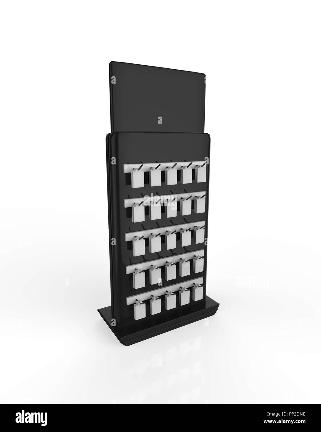 Telefon Zubehör Ständer, retail Display stand mit Haken für Produkt-, Anzeige steht auf weißem Hintergrund. 3D-Darstellung Stockfoto