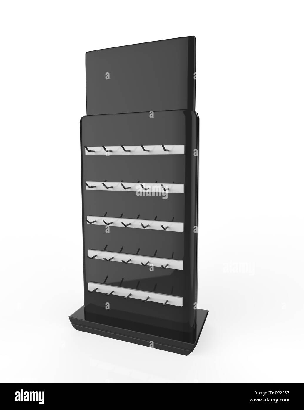 Telefon Zubehör Ständer, retail Display stand mit Haken für Produkt-, Anzeige steht auf weißem Hintergrund. 3D-Darstellung Stockfoto