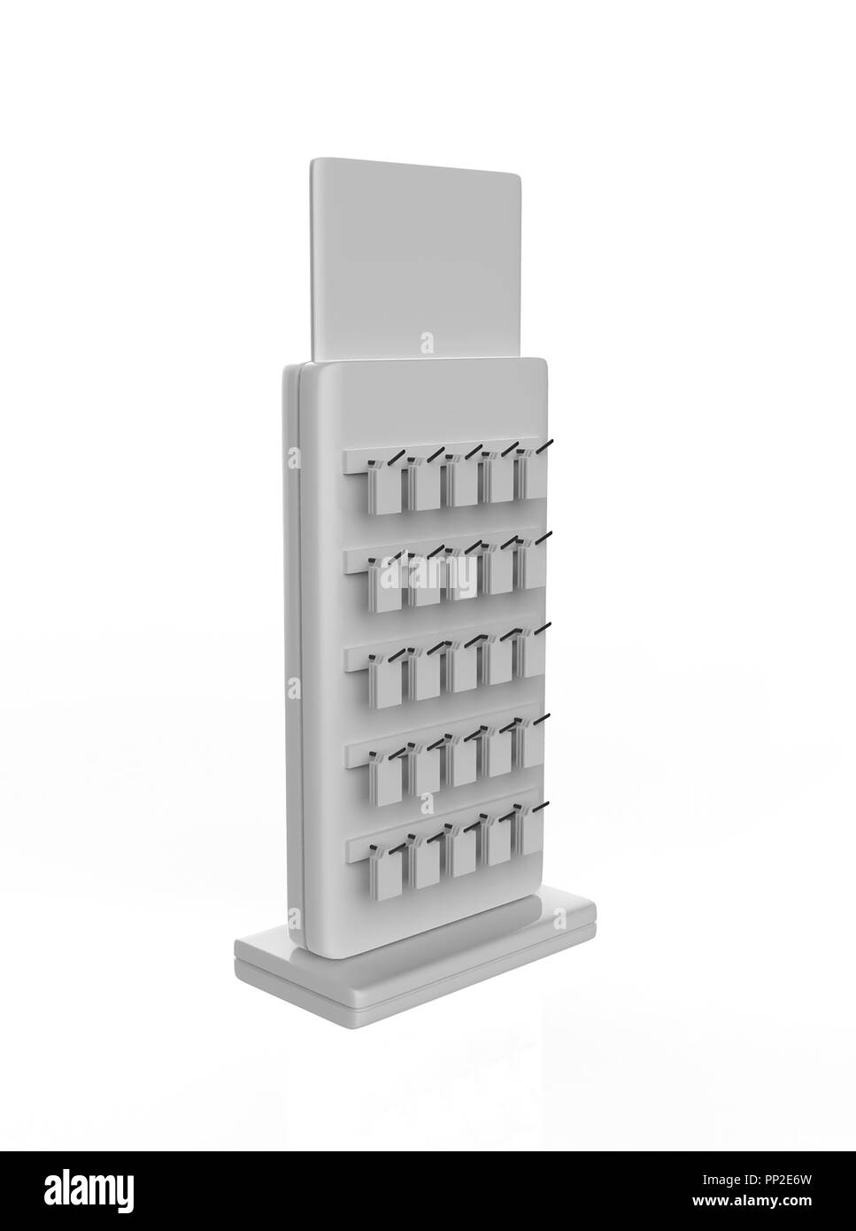 Telefon Zubehör Ständer, retail Display stand mit Haken für Produkt-, Anzeige steht auf weißem Hintergrund. 3D-Darstellung Stockfoto