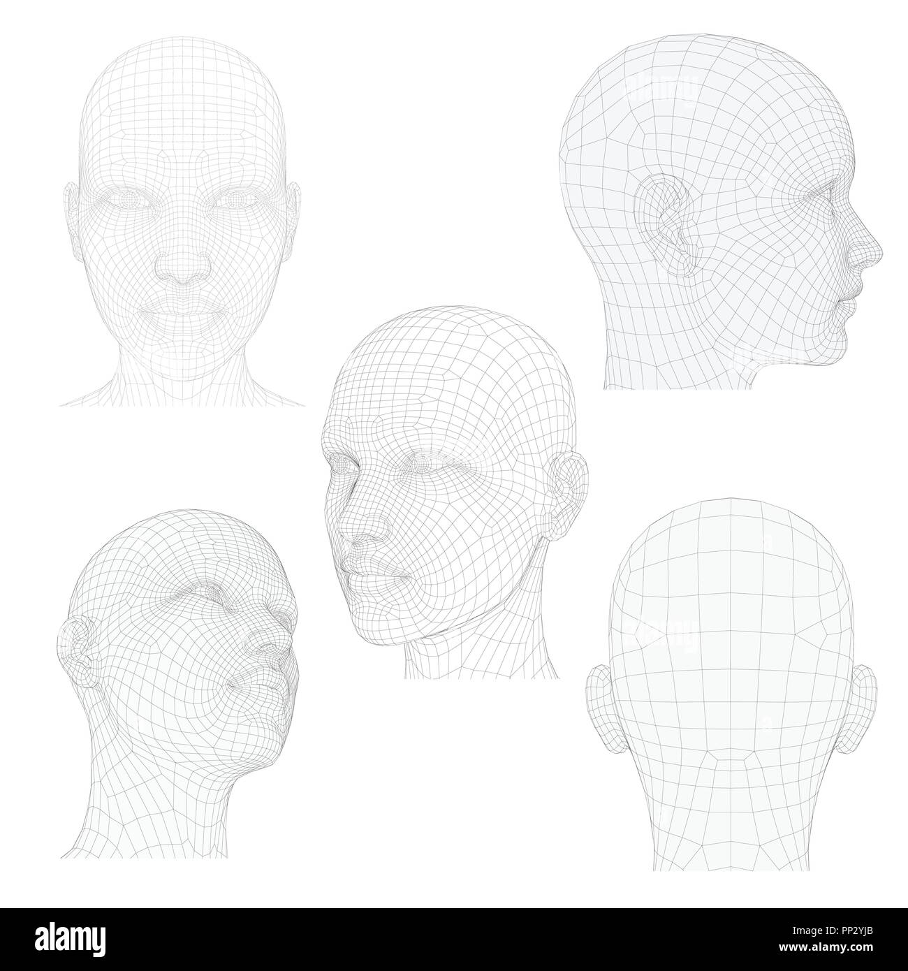 Vector Illustration der ein Mädchen Kopf aus verschiedenen Blickwinkeln. Polygonale bedeckenden Haut. Isoliert. Stock Vektor
