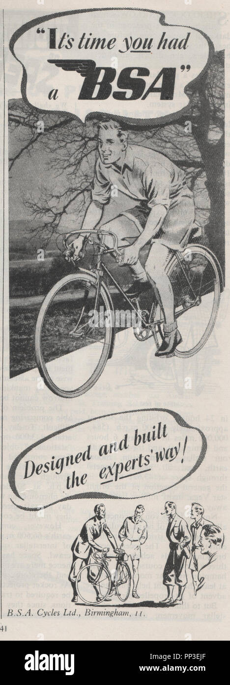 Jahrgang Zeitschrift Anzeige für BSA Fahrräder aus vom Januar 1947. Birmingham Small Arms Company Limited (BSA) war einer der wichtigsten britischen Industriekonzern der verarbeitenden Betriebe, die im Jahr 1973 verstorbene wurde Stockfoto