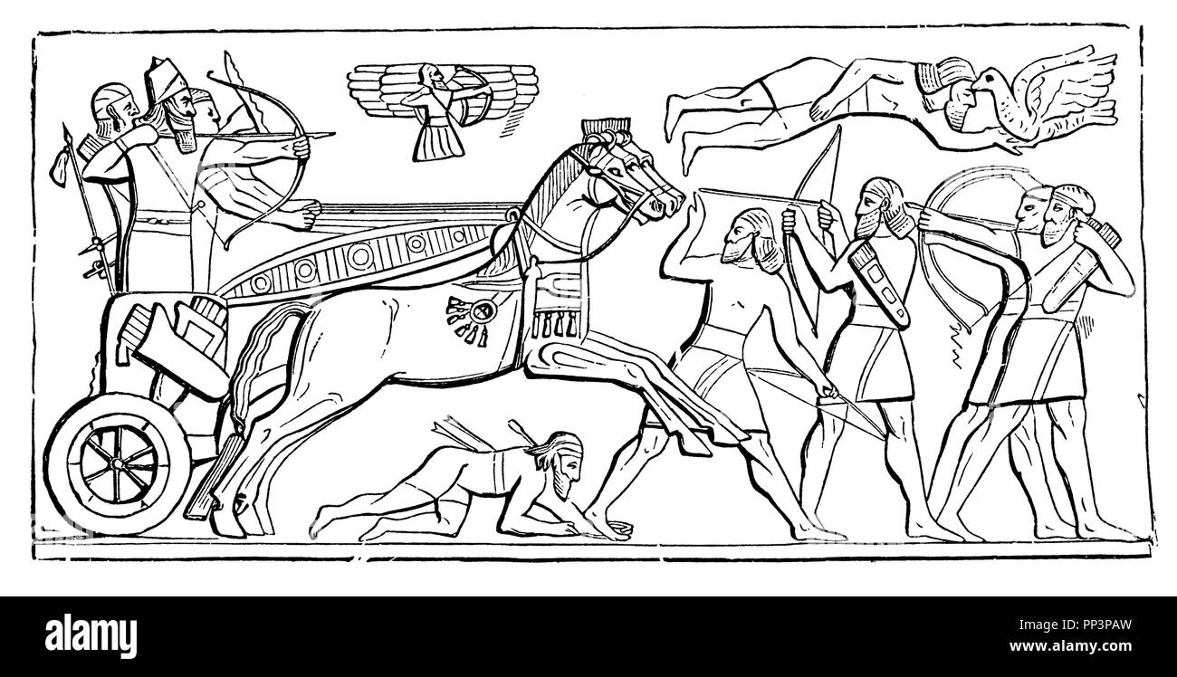 Assyrische König im Kampf. Befreiung von Nimrud. Nach Layard, 1892 Stockfoto