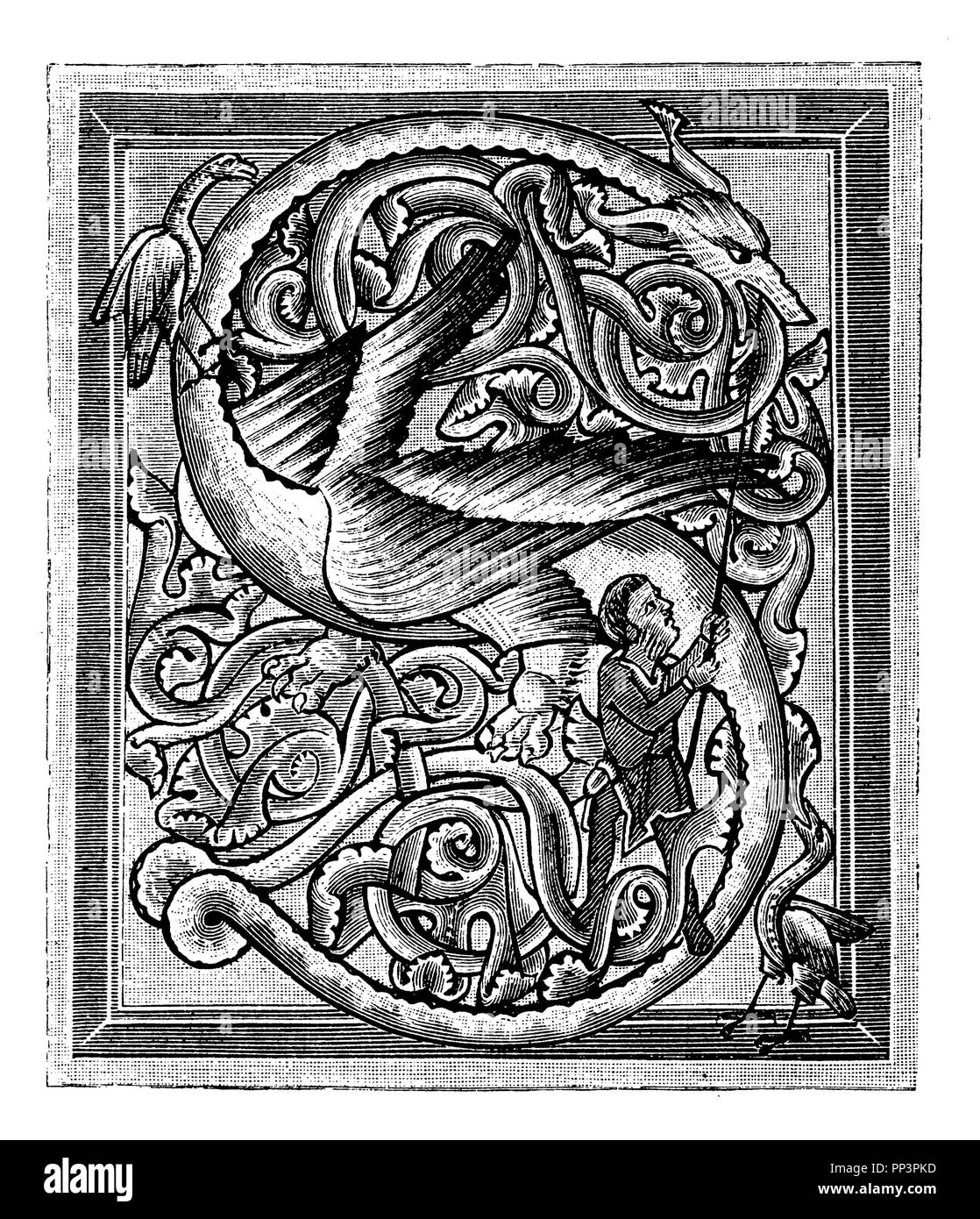 Buchstabe S im Psalter von Landgraf Hermann von Thüringen, um 1215 geschrieben, mit Drachen, 1893 Stockfoto