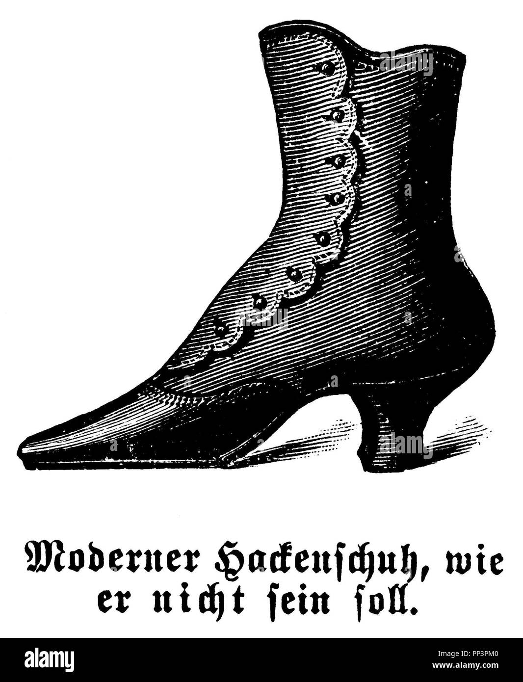 Moderne hoe Schuh, wie es nicht sein sollte, Stiefelette, 1905 Stockfoto