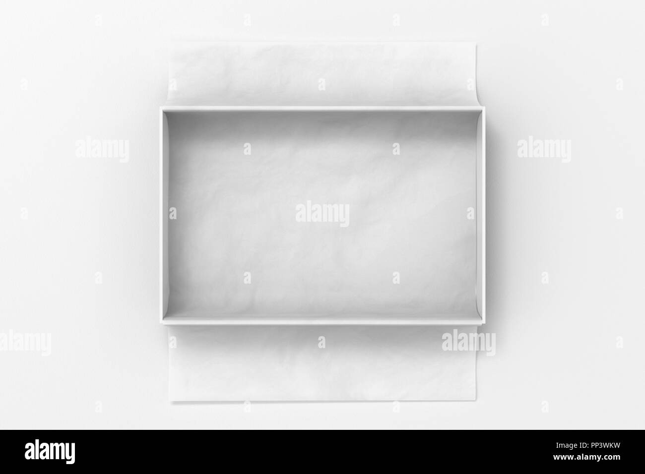 Geschenkbox mockup auf weißem Hintergrund Öffnen mit Ausgeklappt weißes Geschenkpapier. Box ist rechteckig und eben. 3D-Darstellung Stockfoto