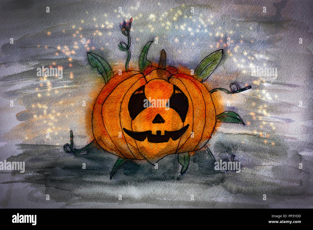 Halloween Kürbis. Aquarell Hand zeichnen. Close-up. Stockfoto
