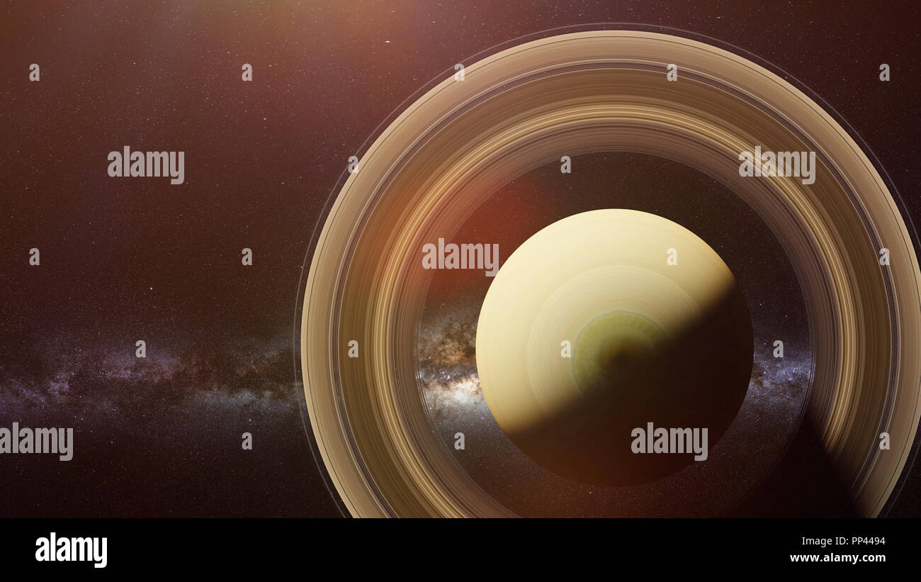 Planet Saturn ist der sechste Planet im Sonnensystem, Ansicht von oben mit der Milchstraße Stockfoto