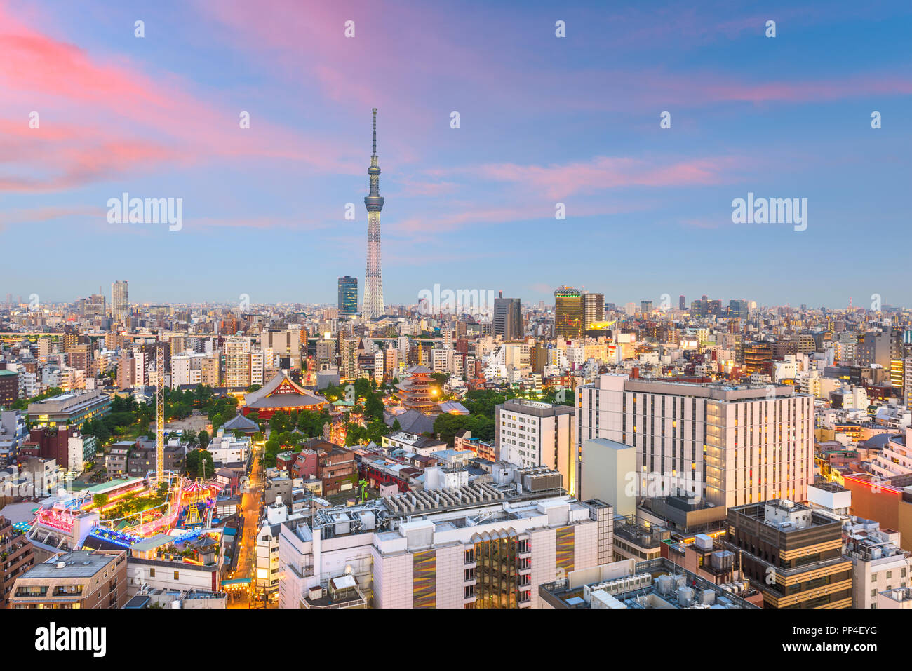 Tokio, Japan Skyline der Stadt über Asakusa in der Dämmerung. Stockfoto