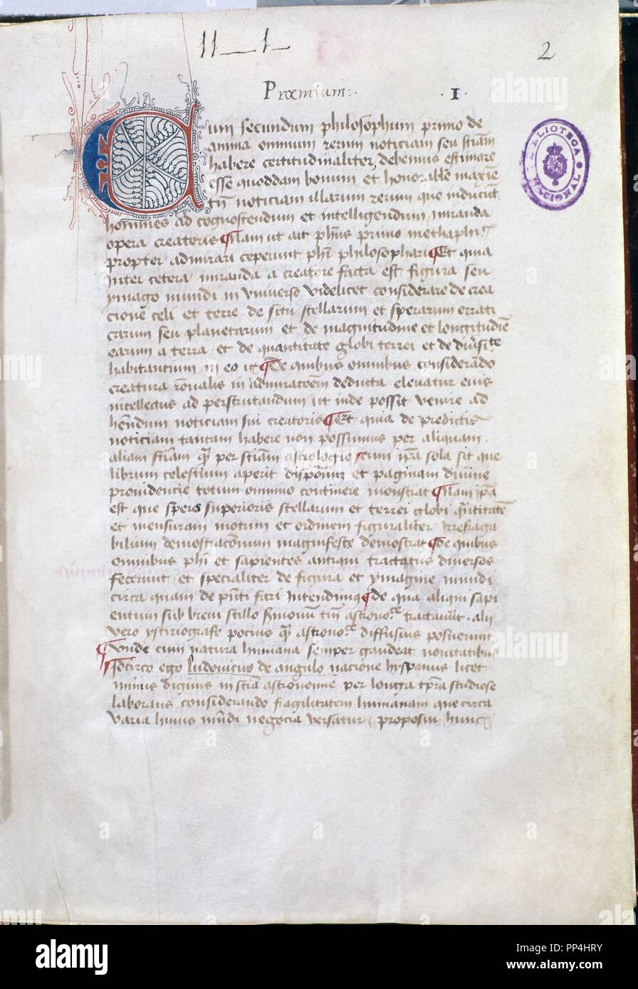 Manuskript auf KOSMOGRAPHIE - 15. Jahrhundert. Thema: Laura L. Lage: Biblioteca Nacional - coleccion. MADRID. Spanien. Stockfoto