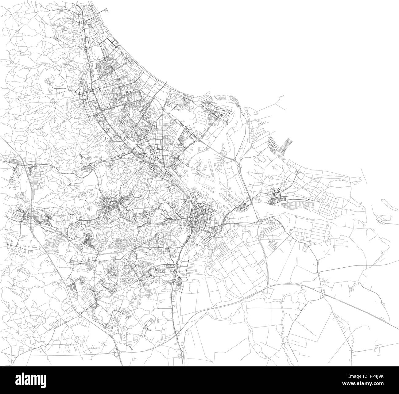 Karte von Gdansk, Satelliten-, schwarzen und weißen Karte. Straße Verzeichnis und Stadtplan. Polen Stock Vektor