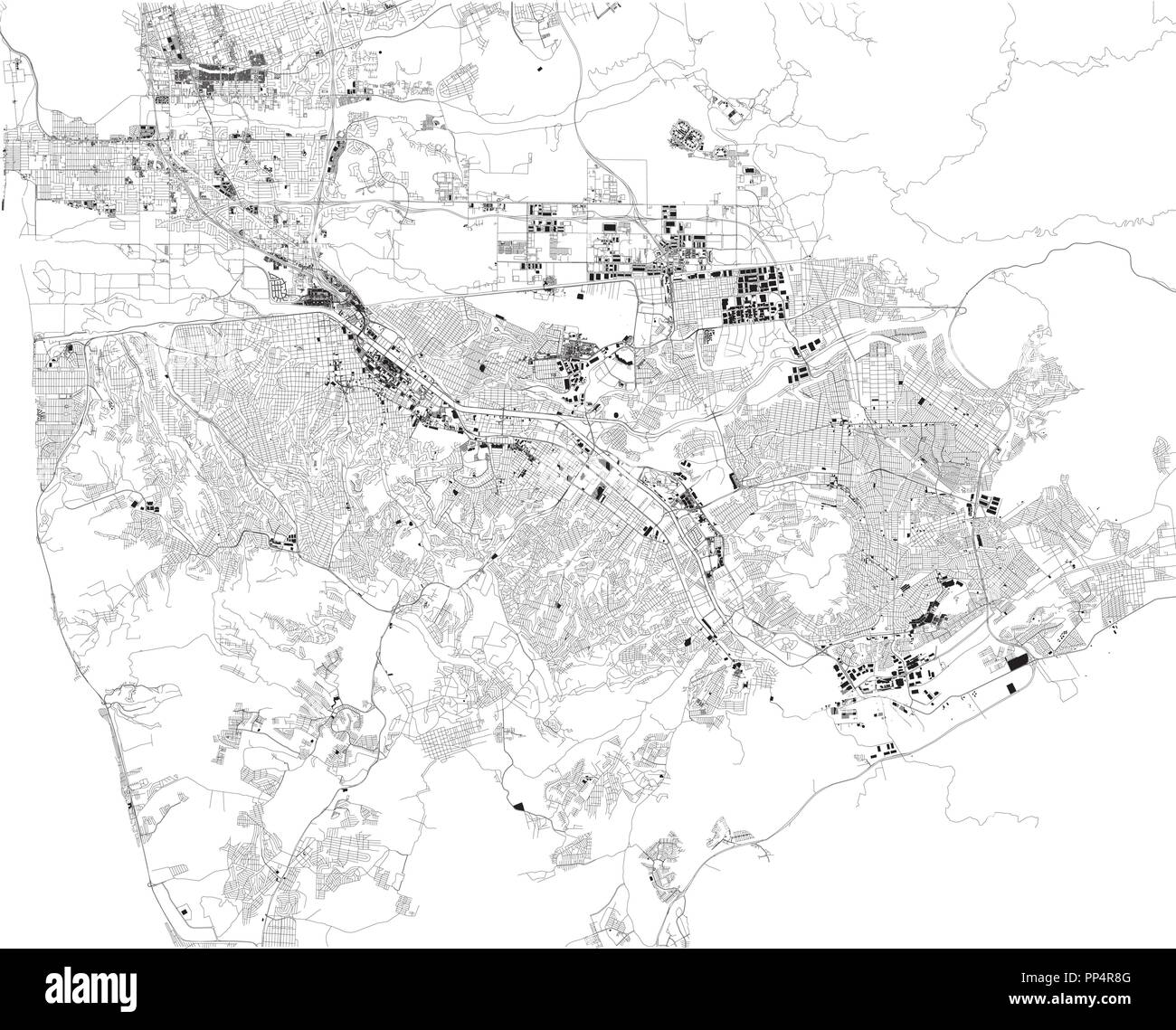 Karte von Tijuana, Satelliten-, schwarzen und weißen Karte. Straße Verzeichnis und Stadtplan. Mexiko, Kalifornien Stock Vektor
