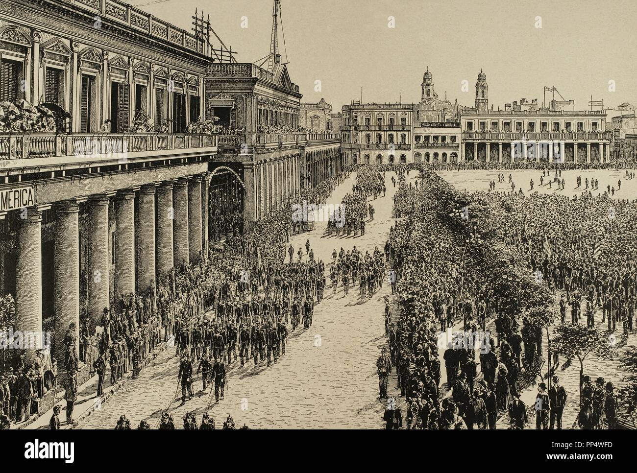 Uruguay. Montevideo. Armee Parade zu Ehren der Präsident Julio Herrera Obes (1841-1912). Mai 1, 1890. Kupferstich von Urgelles. Die Abbildung, 1890. Stockfoto