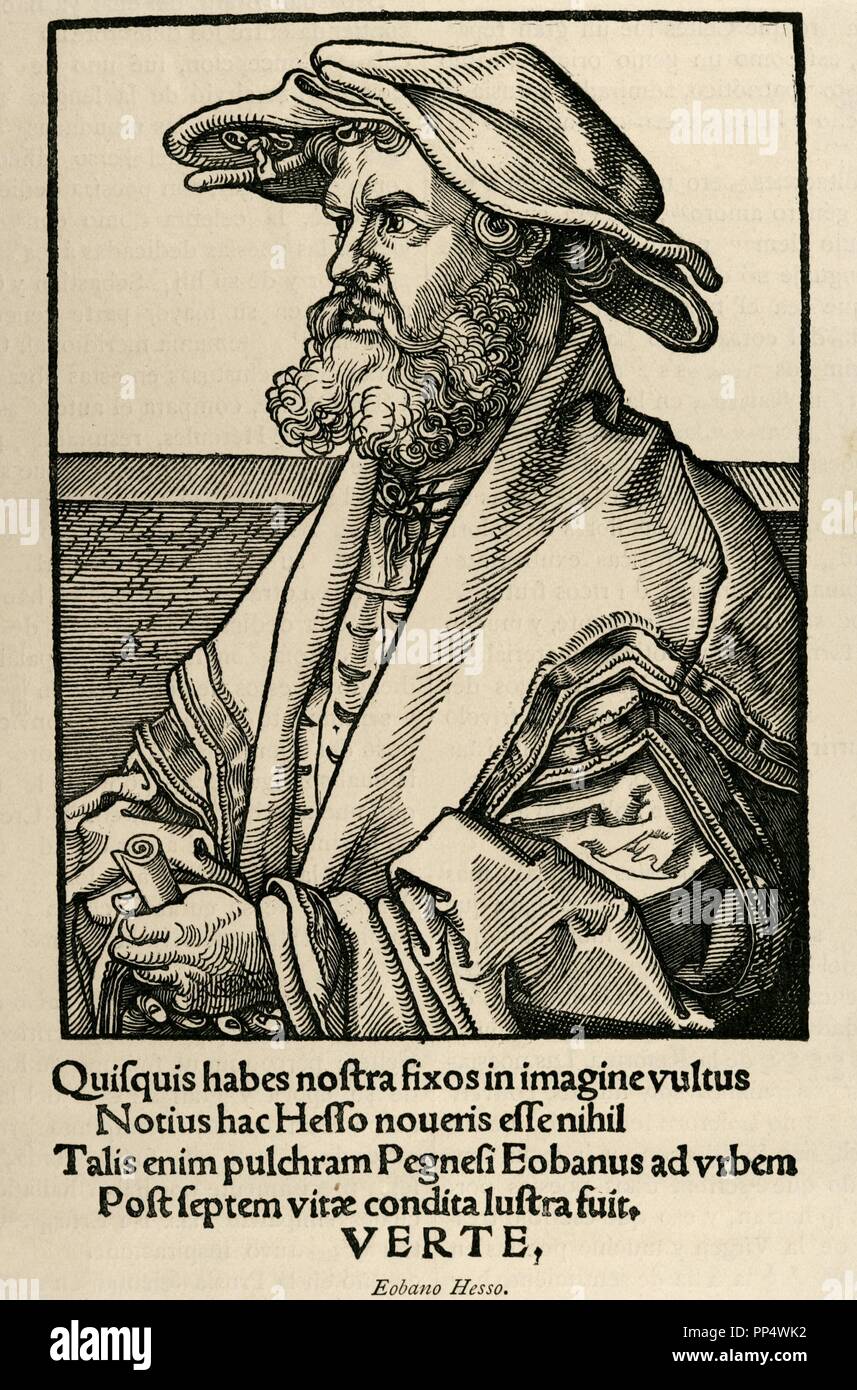 Helius Eobanus Hessus (1488-1540). Deutsche Dichter. Faksimile eines Holzschnitt von Albrecht Dürer, in Elegia ad illustrissimum princepem Fridericumducem Joannem Saxonia, durch Hessus. Gedruckt in Nürnberg, 1526. Stockfoto