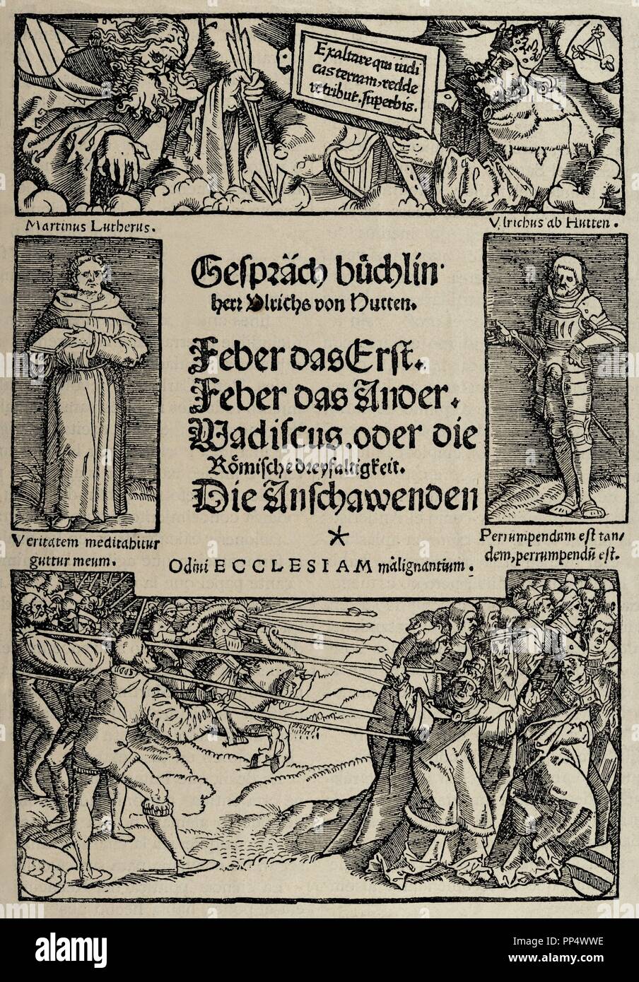 Ulrich von Hutten (1488-1523). Deutsche Schriftsteller und Theologe. Faksimile der Abdeckung des Booklet von Gesprächen. Gravur in der Geschichte der Bundesrepublik Deutschland, 1882. Stockfoto