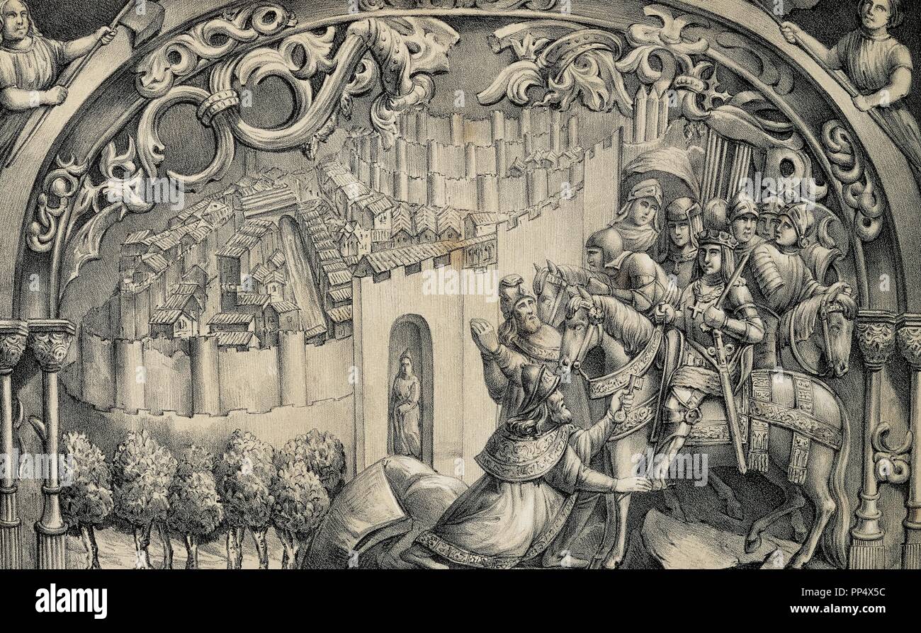 Boabdil (1460-1527), der letzte Herrscher der Nasriden von Granada, gibt die Schlüssel der Stadt an die katholischen Könige. Lithographie von J. Parra Bachiller reproduzieren eine Szene aus das Chorgestühl der Kathedrale von Toledo. Stockfoto