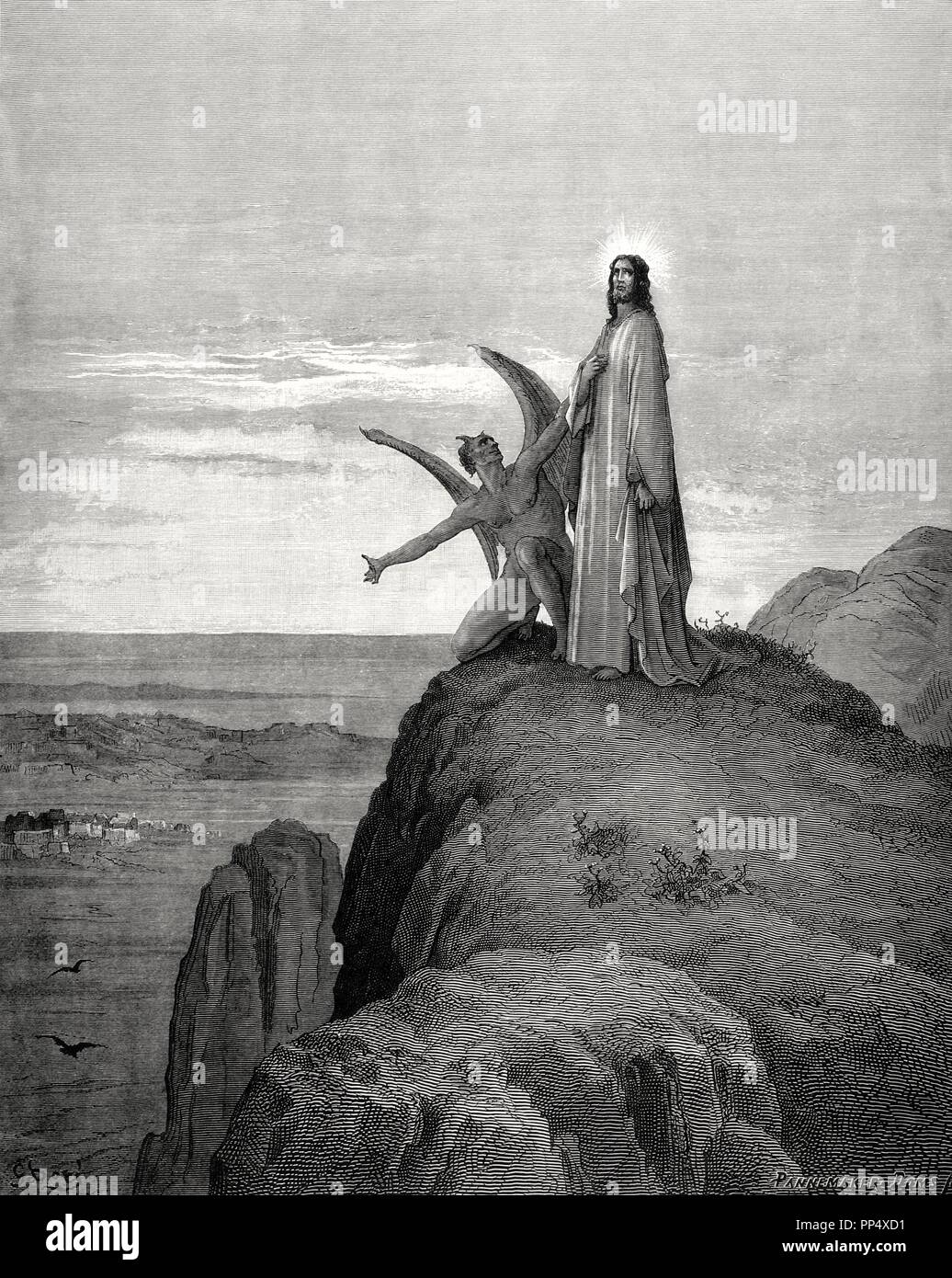 Neuen Testament. Evangelium des Matthäus. Kapitel IV. Jesus vom Teufel in Versuchung geführt. Von Gustave Dore Zeichnung. Kupferstich von Pannemaker. 19. Stockfoto