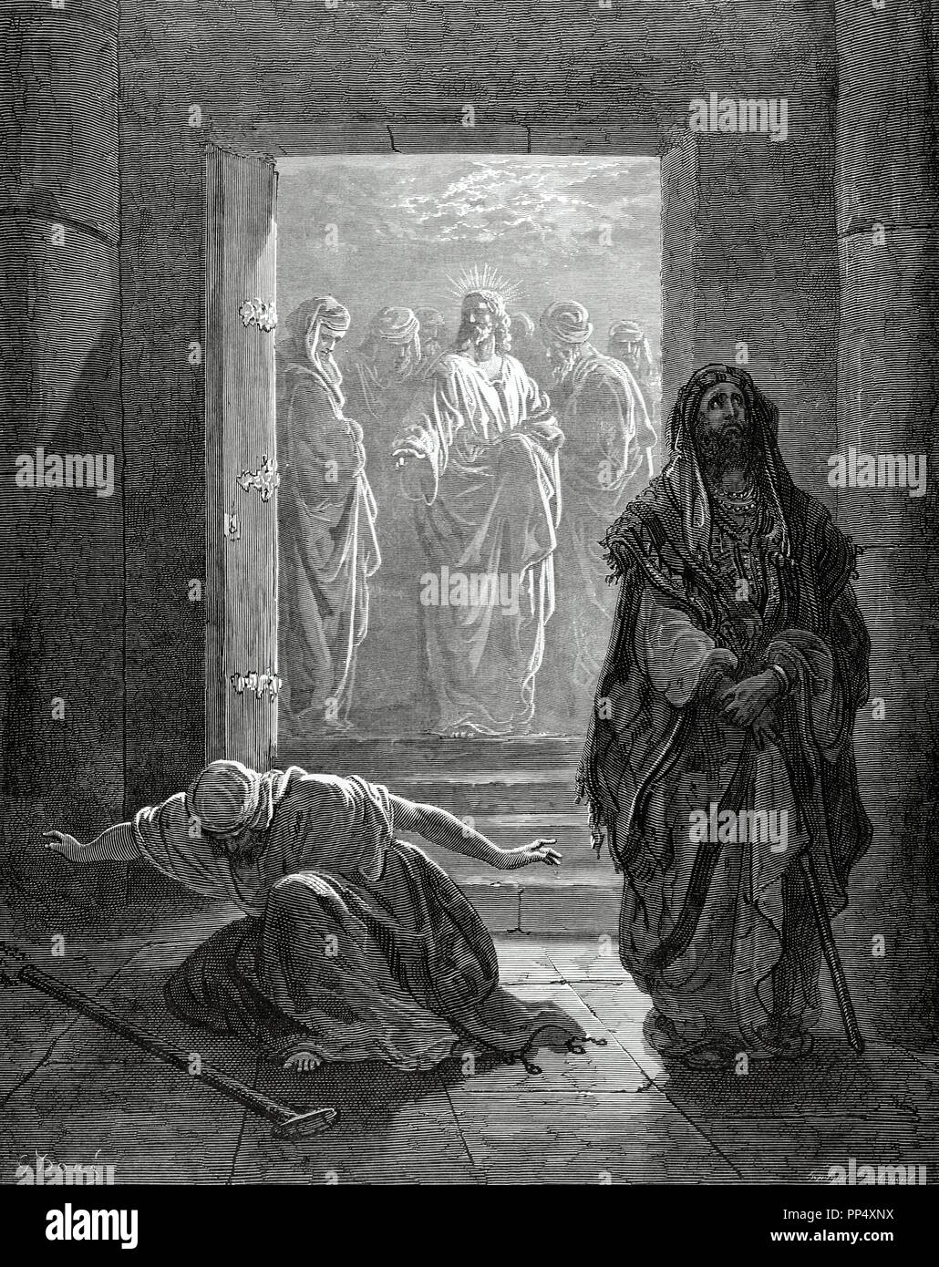 Neuen Testament. Evangelium des Lukas. Kapitel XVIII. Das Gleichnis vom Pharisäer und Zöllner. Von Gustave Dore Zeichnung. Kupferstich aus dem 19. Jahrhundert. Stockfoto