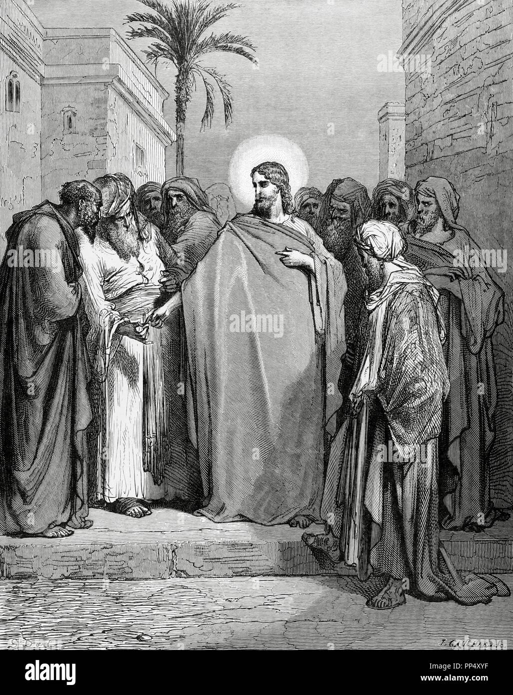 Neuen Testaments. Evangelium des Matthäus. Kapitel XXII. Caesar es Geld. Gustave Dore Zeichnung. Kupferstich von J. Gauchard. Stockfoto