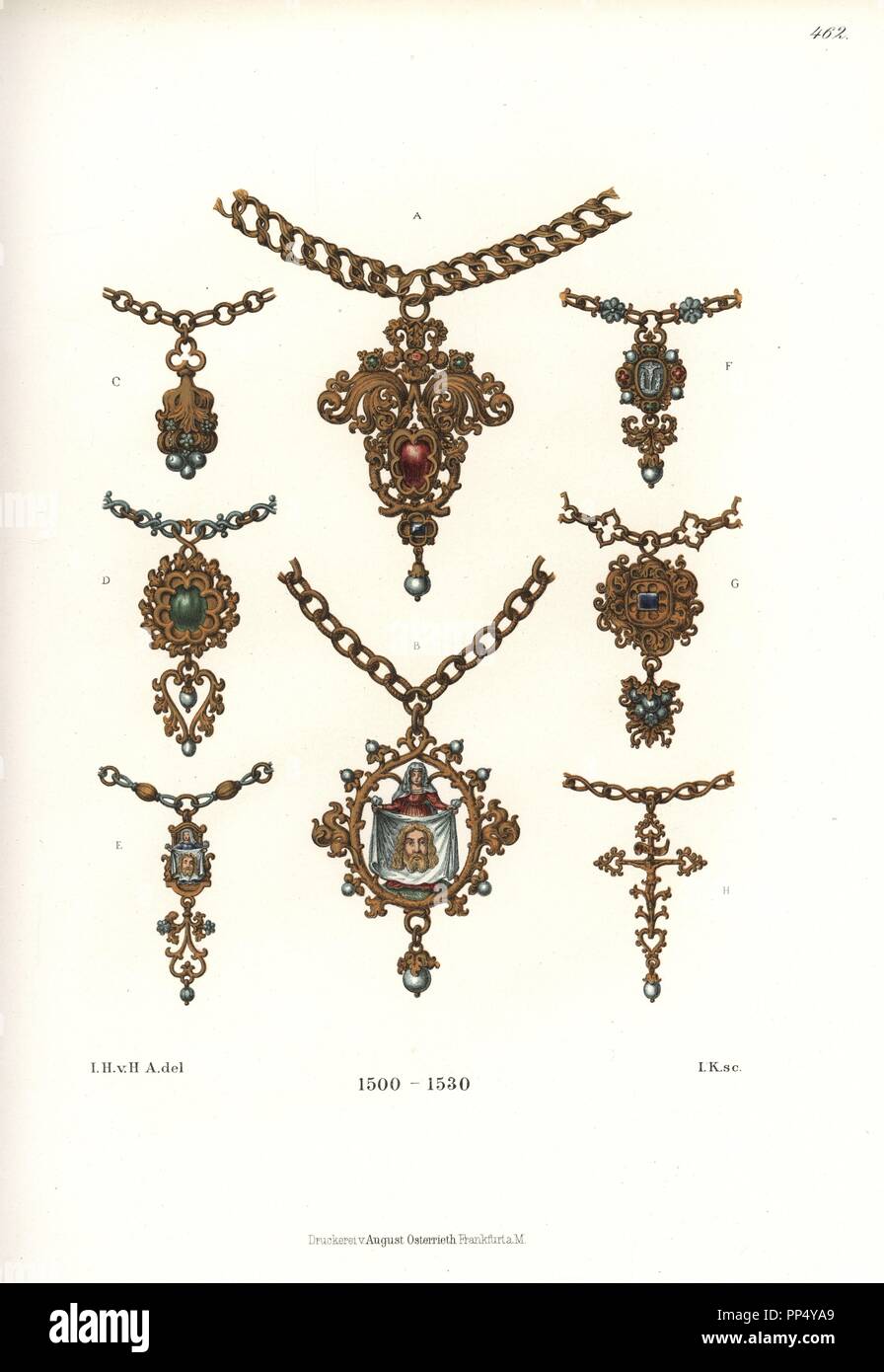 Schmuck aus dem frühen 16. Jahrhundert. Anhänger in Gold und Silber auf  Ketten, mit Edelsteinen und Image der Turiner Grabtuch. Von Hefner-Alteneck  Chromolithograph's 'Kostüme, Kunstwerke und Geräte vom Mittelalter bis in  das