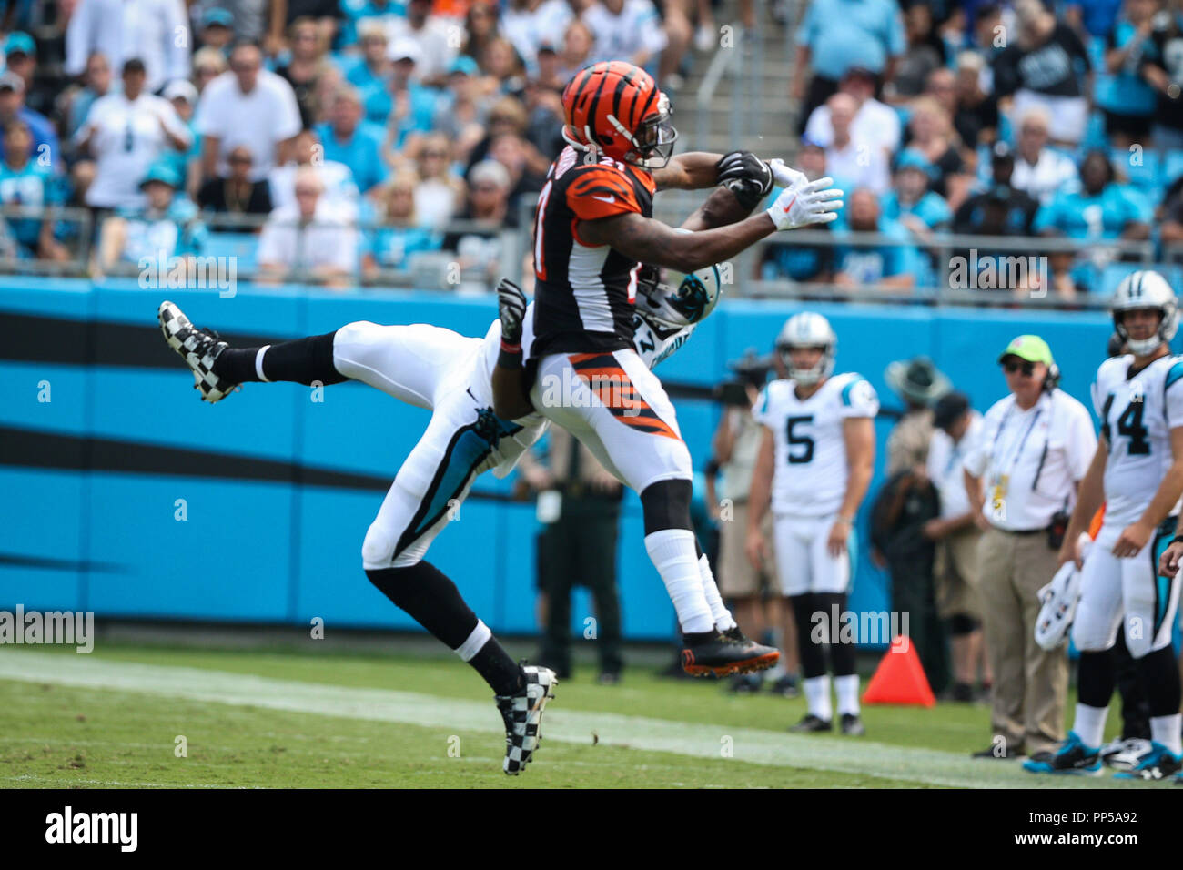 Charlotte, North Carolina, USA. 23 Sep, 2018. Carolina Panthers wide receiver Devin Funchess (17) und Cincinnati Bengals Defensive zurück Darqueze Dennard (21) während des Spiels auf der Bank von Amerika Stadium in Charlotte, NC. Carolina Panthers auf 31 bis 21 über die Cincinnati Bengals gewinnen. Credit: Jason Walle/ZUMA Draht/Alamy leben Nachrichten Stockfoto