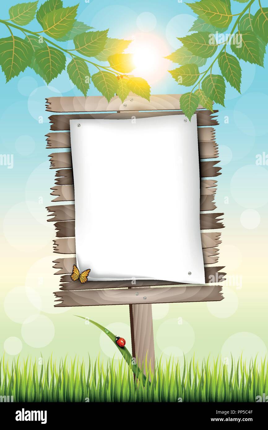 Vector Illustration einer Cartoon vertikale Holz Billboard in frischem Gras und Blätter von einem Baum auf mit leeren Papier für Ihre Werbung. Stock Vektor