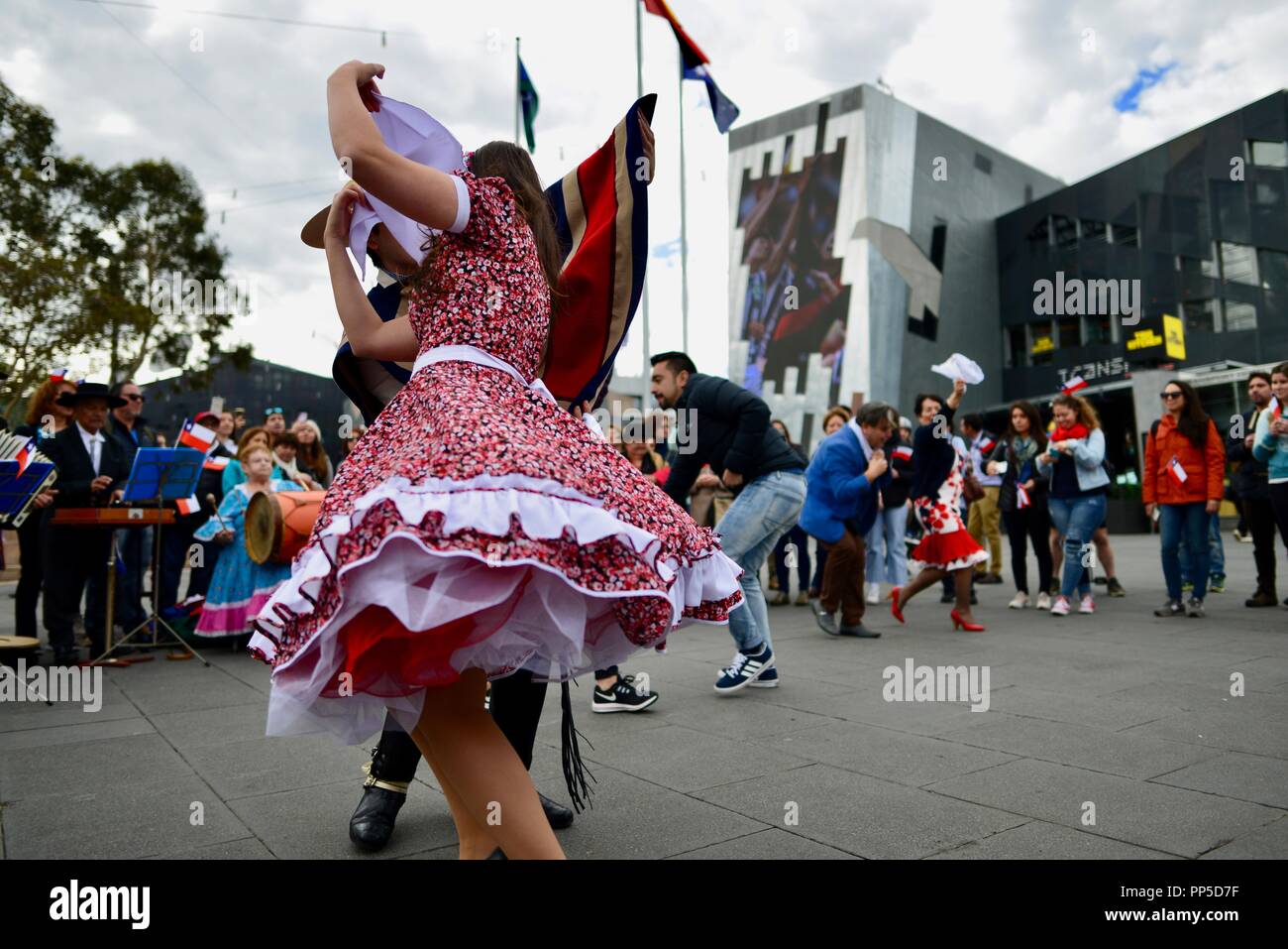 Fiestas Patrias, der Native Land Urlaub, den chilenischen Nationalen Tag Feier am Federation Square in Melbourne, VIC, Australien, 18. September 2018 Stockfoto